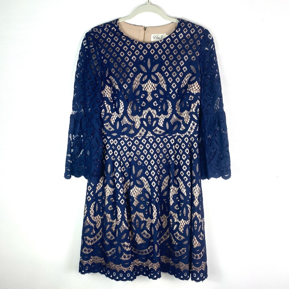 Eliza J Size 8 Petite Navy Blue Lace A-line Nude Short Dress